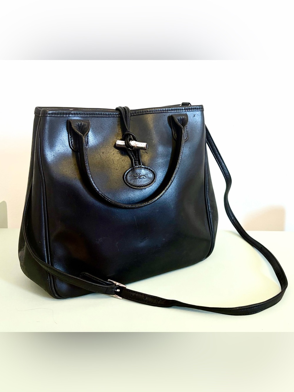 Longchamp Black Leather Tote with Toggle Detail